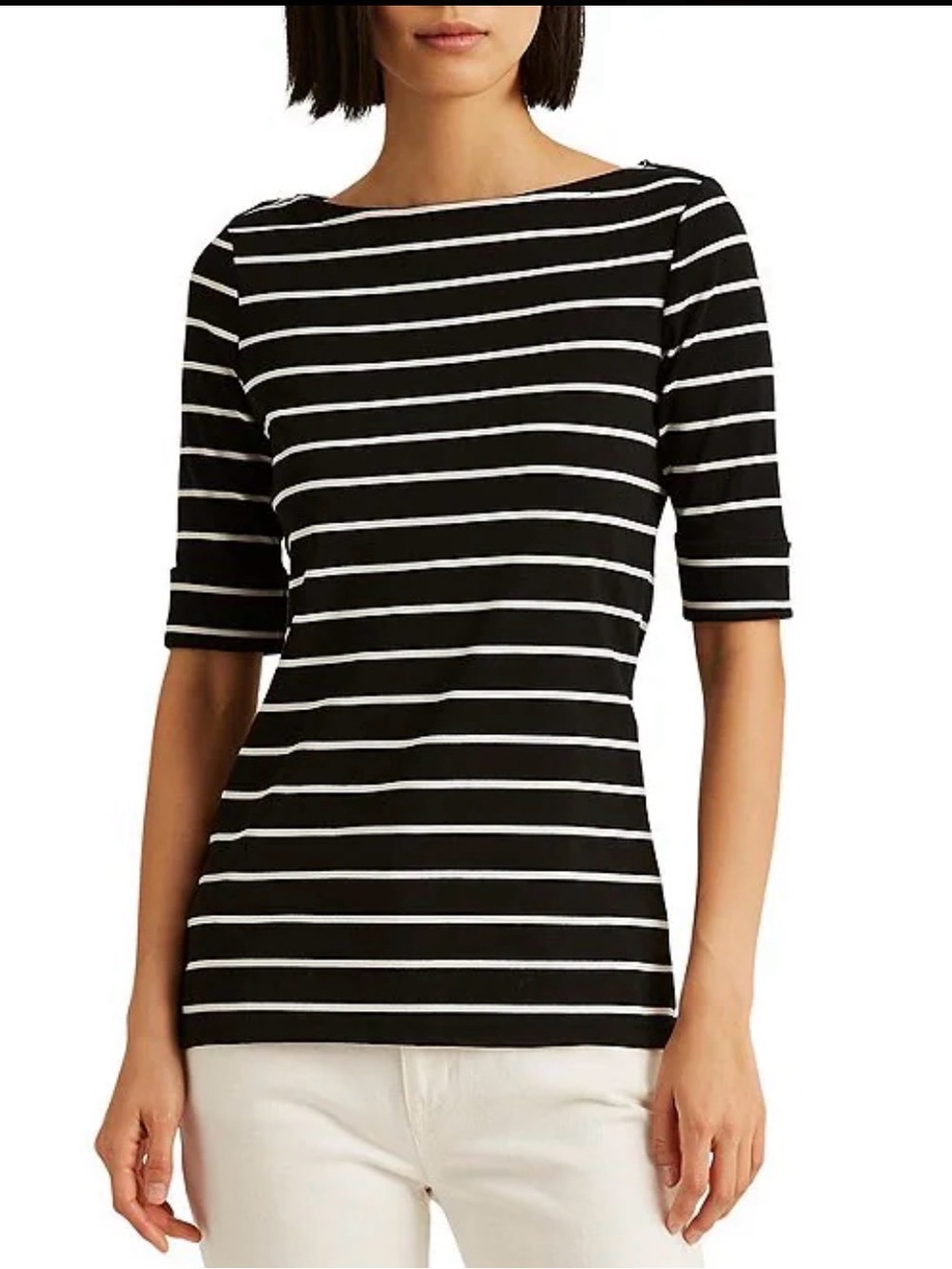 Ralph Lauren Women’s Black and White Stripe Stretch Boat Neck Short Sleeve Shirt